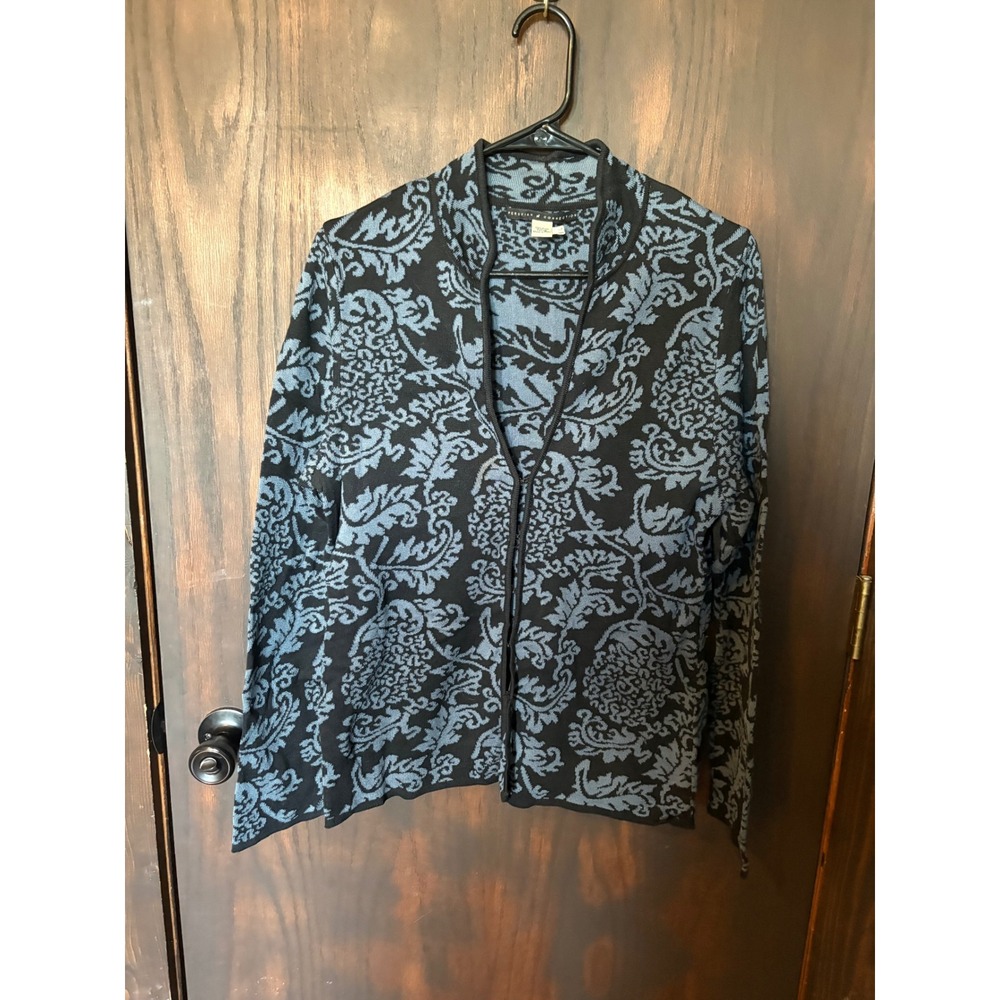 Peruvian Connection Pima Cotton Floral Jacquard Cardigan Sweater Blue L